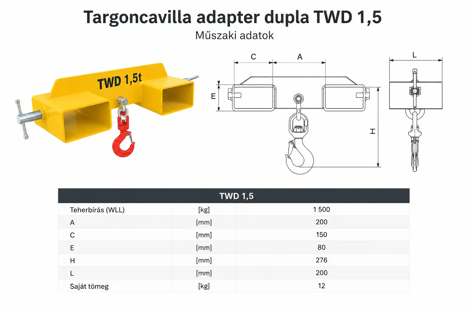 Targoncavilla adapter méretei műszaki rajzzal