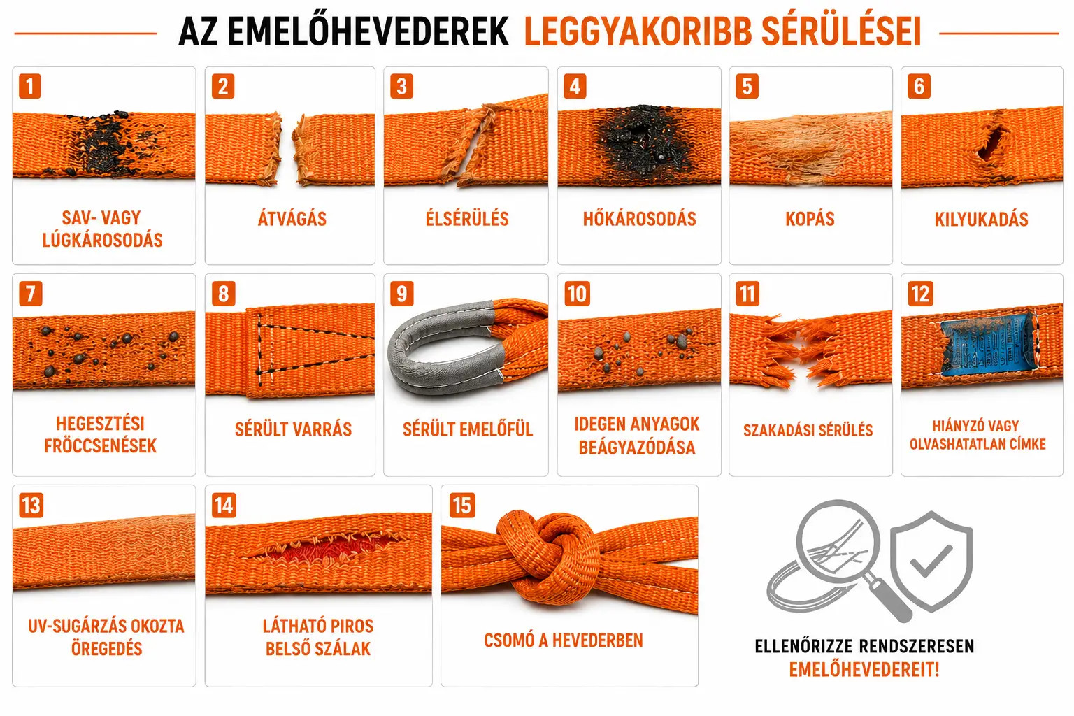 Az emelőheveder leggyakrabban előforduló 15 fajta sérülését mutatja be a kép