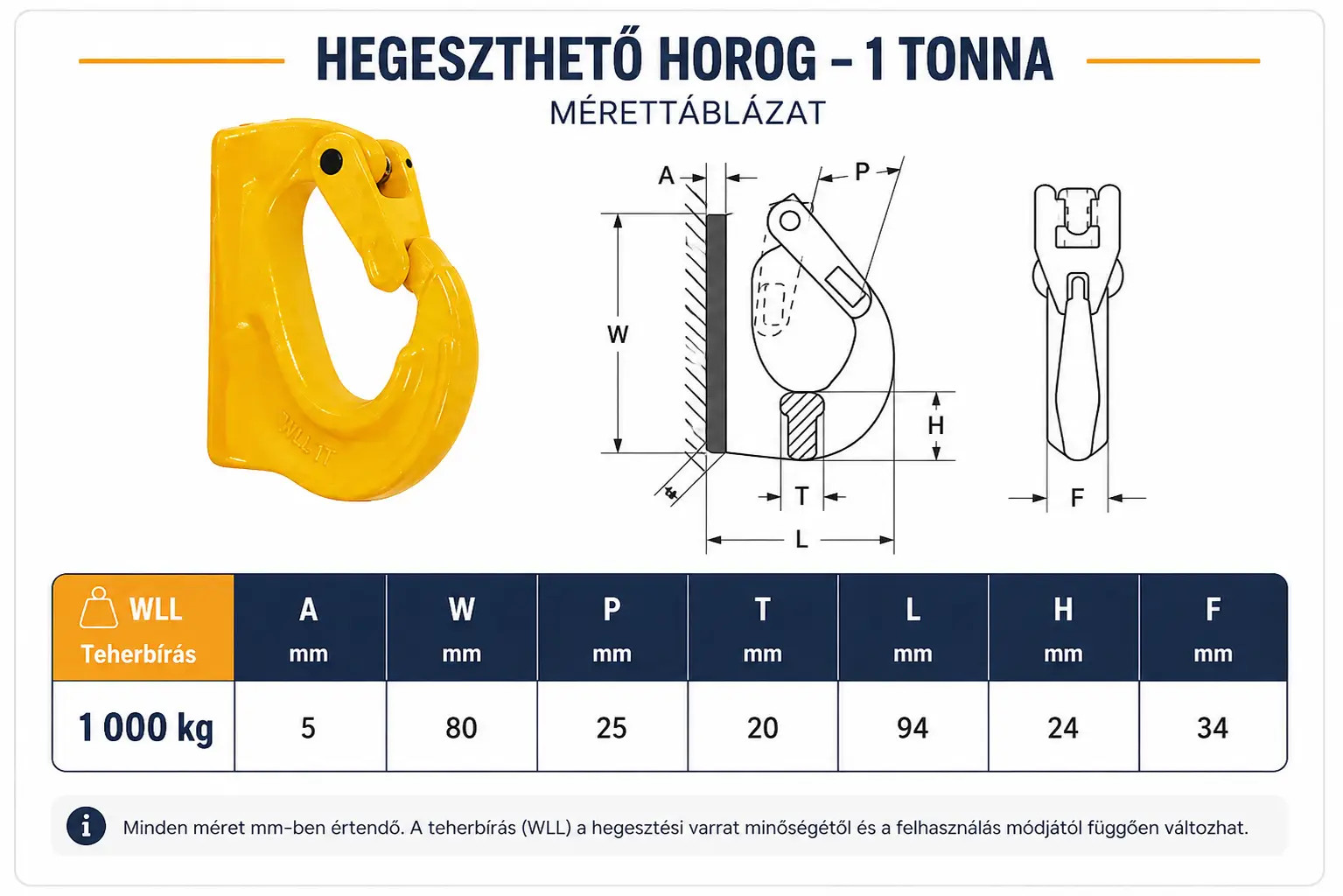 hegeszthető horog 1t méretei