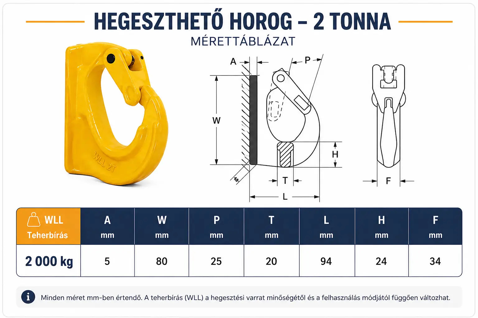 hegeszthető horog 2t méretei