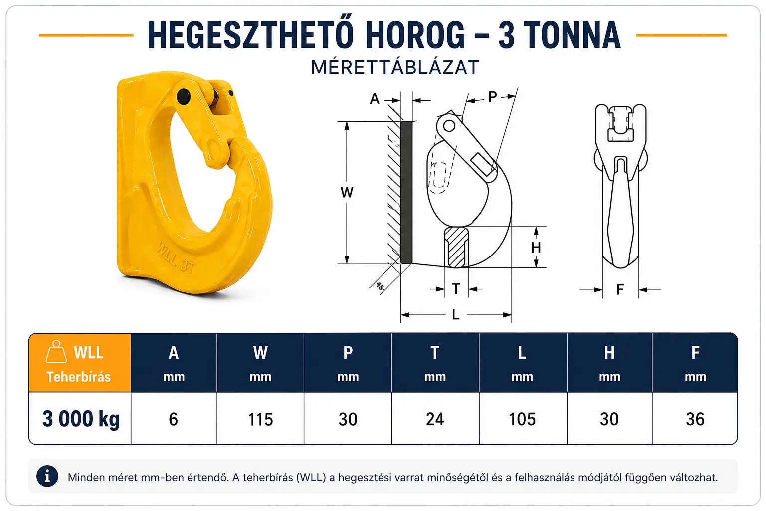 hegeszthető horog 3t méretei
