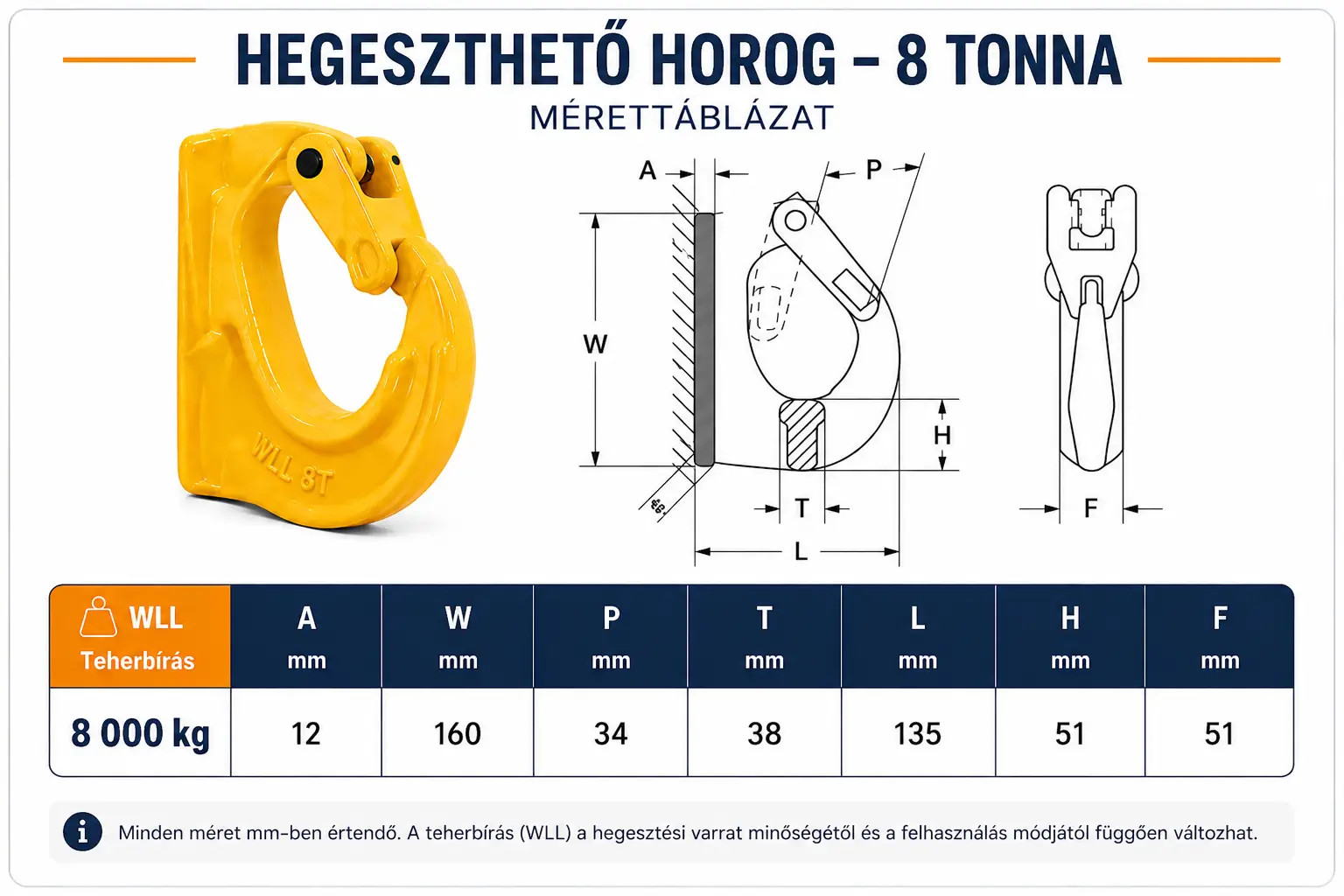 hegeszthető horog 8t méretei