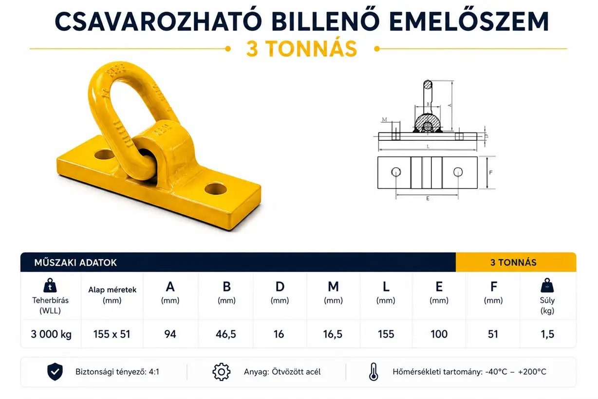Csavarozható billenő emelőszem 3t méretei