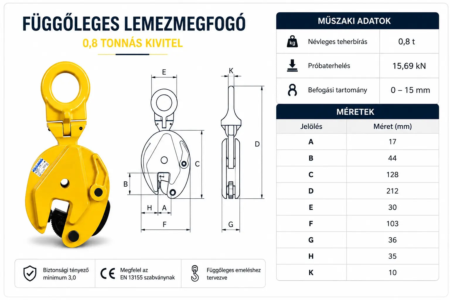 függőleges lemezmegfogó 0,8t méretei