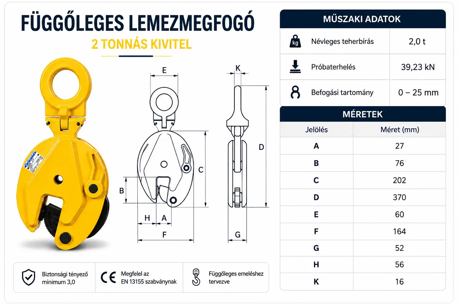 függőleges lemezmegfogó 2t méretei
