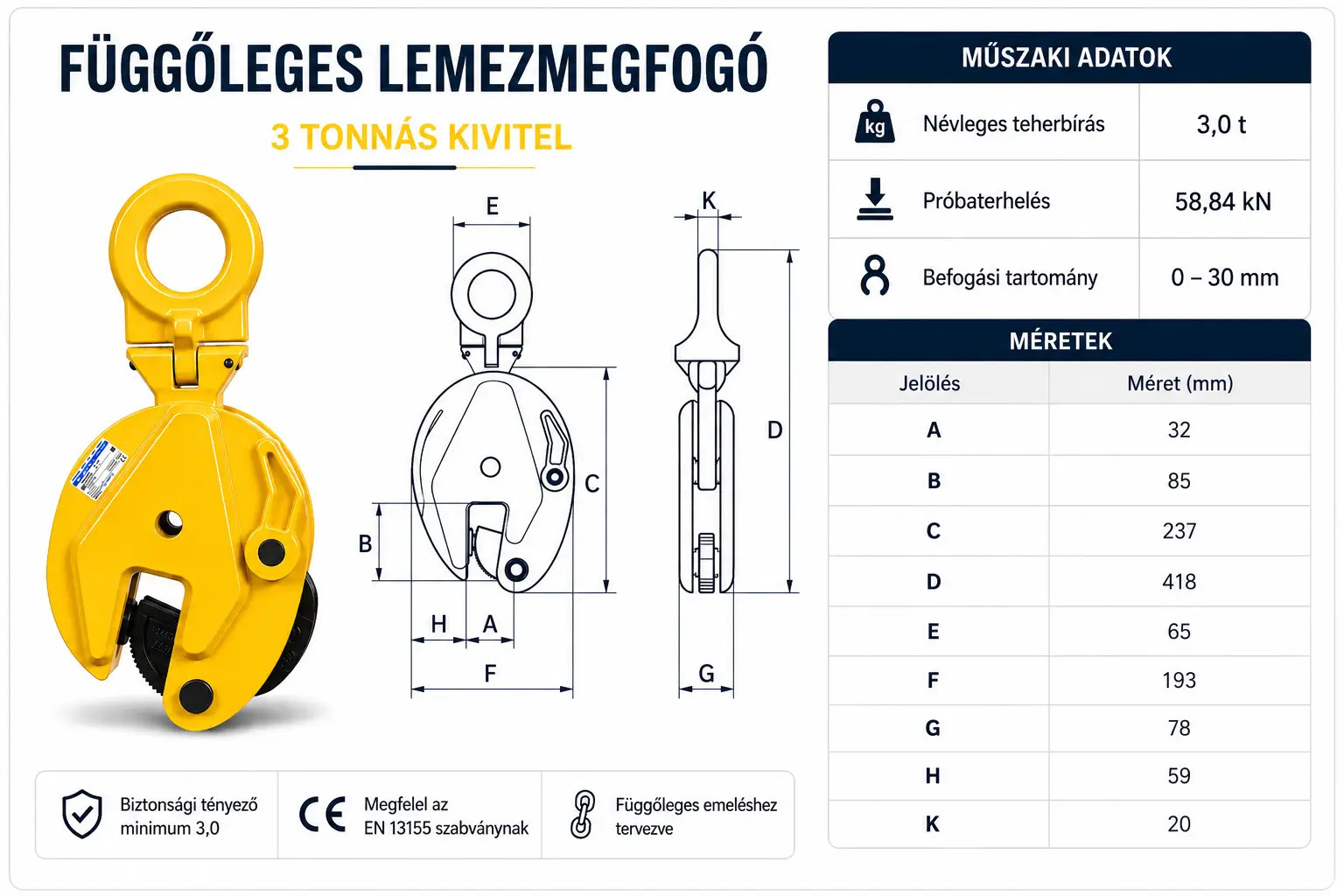 függőleges lemezmegfogó 3t méretei