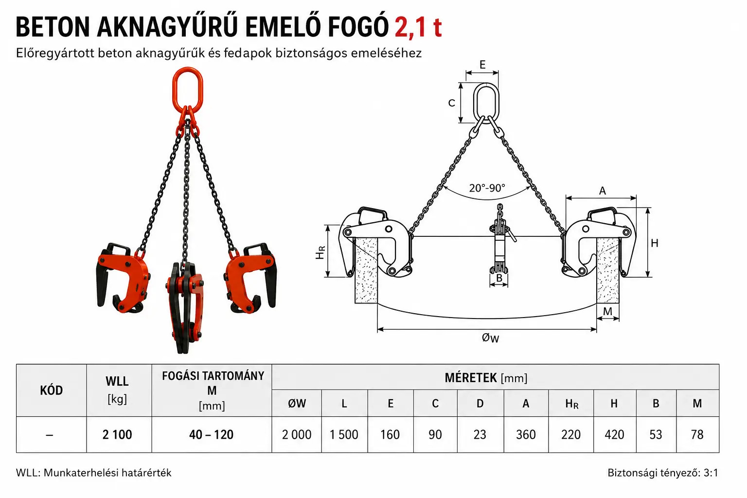 betongyűrű megfogó 3 ágú 2,1t méretei