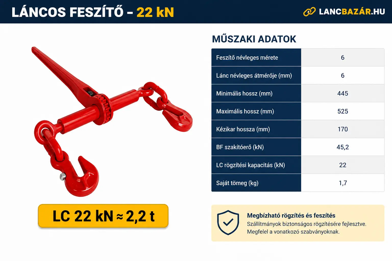 Láncos feszítő 22 kN méretei
