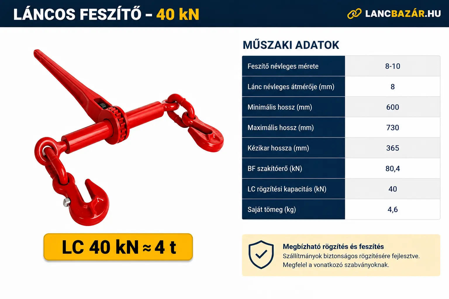 láncos feszítő 40 kN méretei