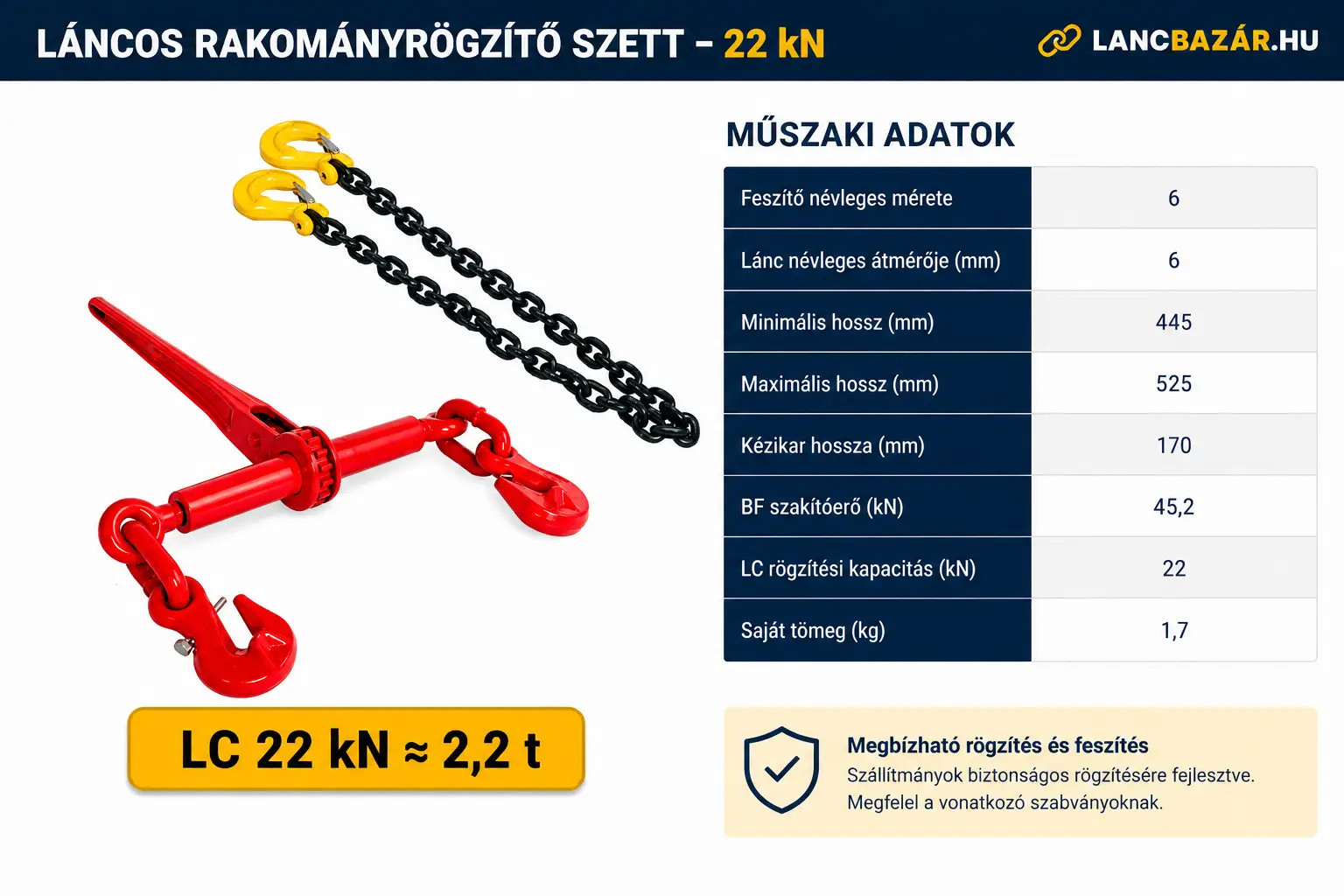 Láncos rakományrögzítő szett 22kN méretei
