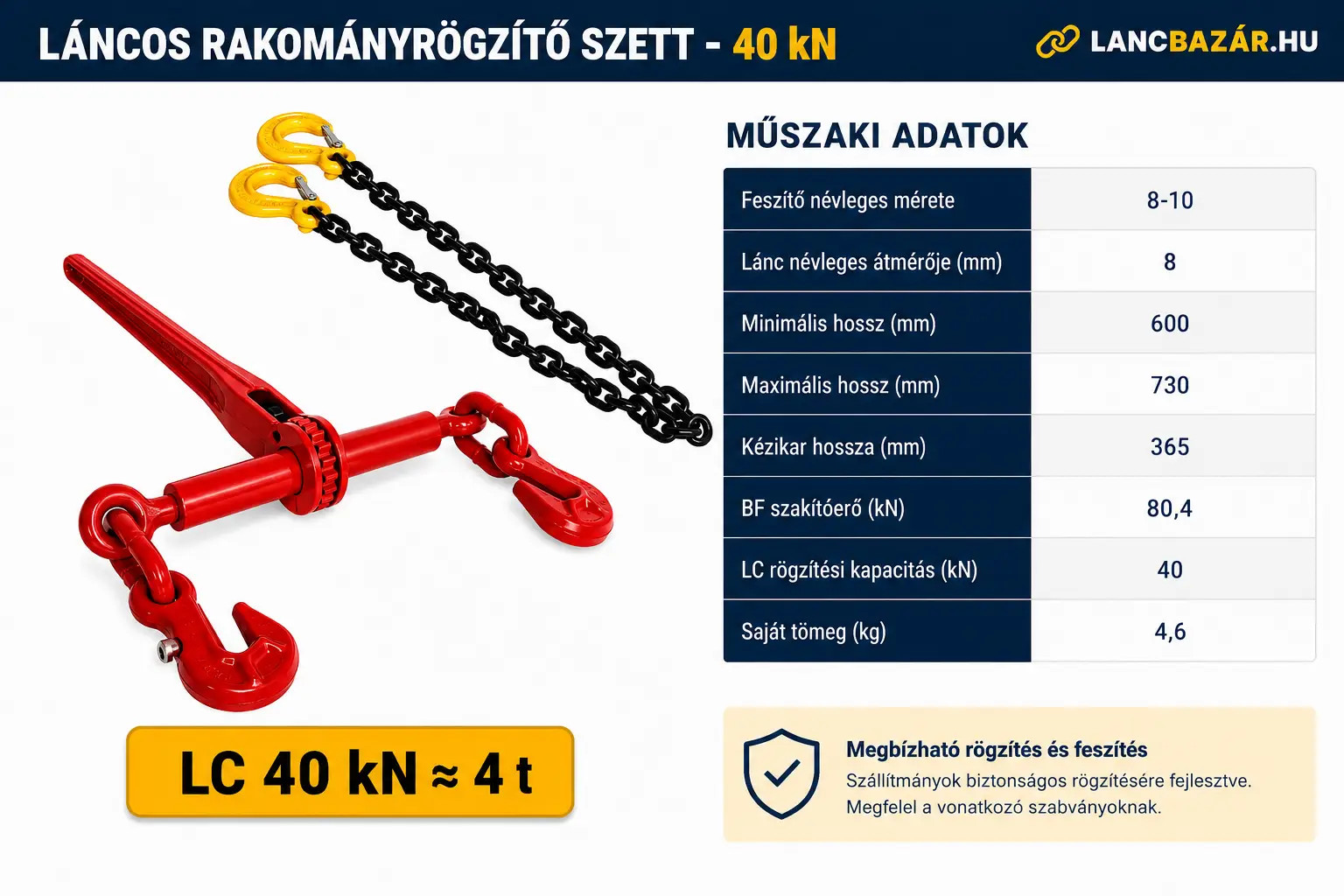 láncos rakományrögzítő szett 40kN méretei