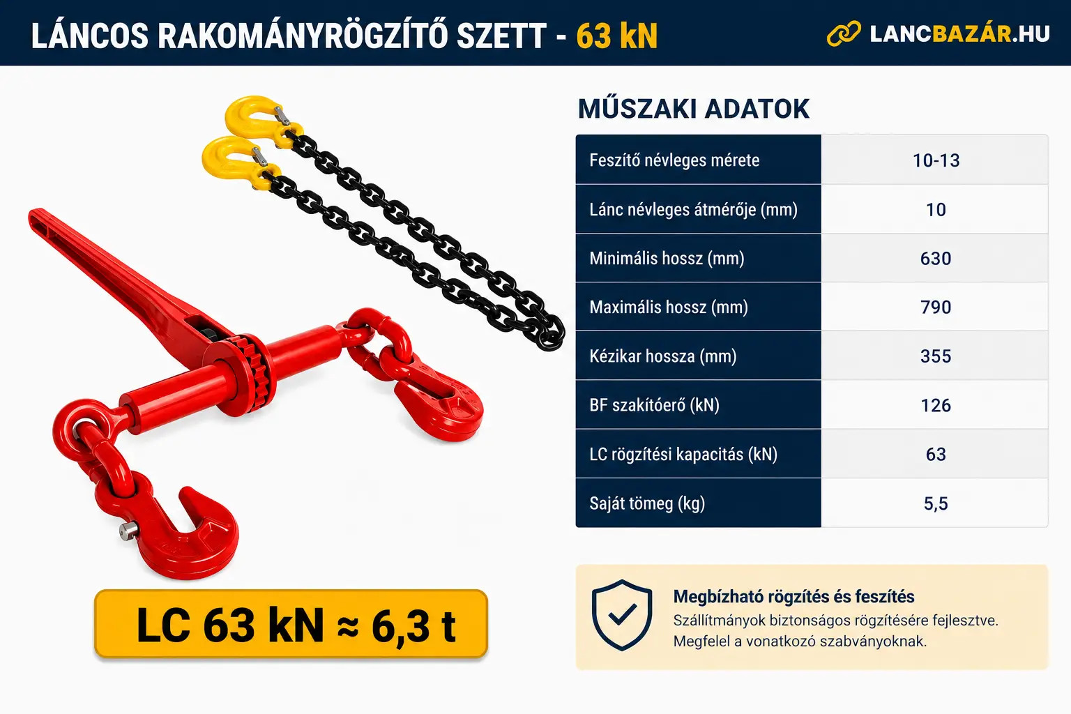 láncos rakományrögzítő szett 63 kN méretei