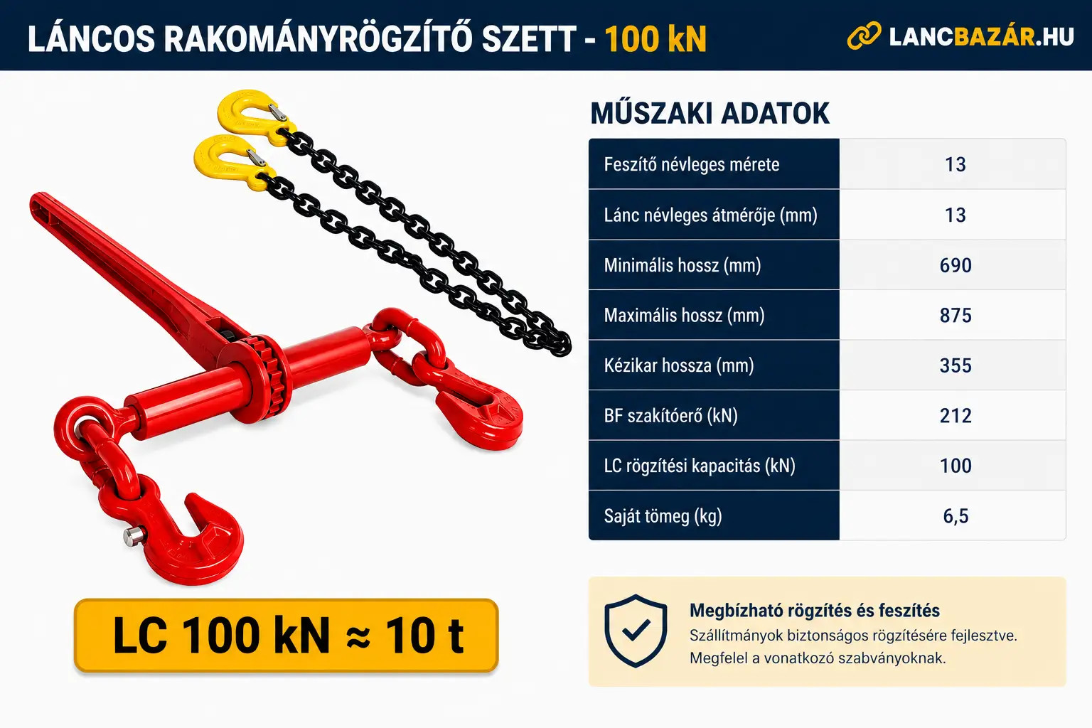 láncos rakományrögzítő szett 100 kN méretei
