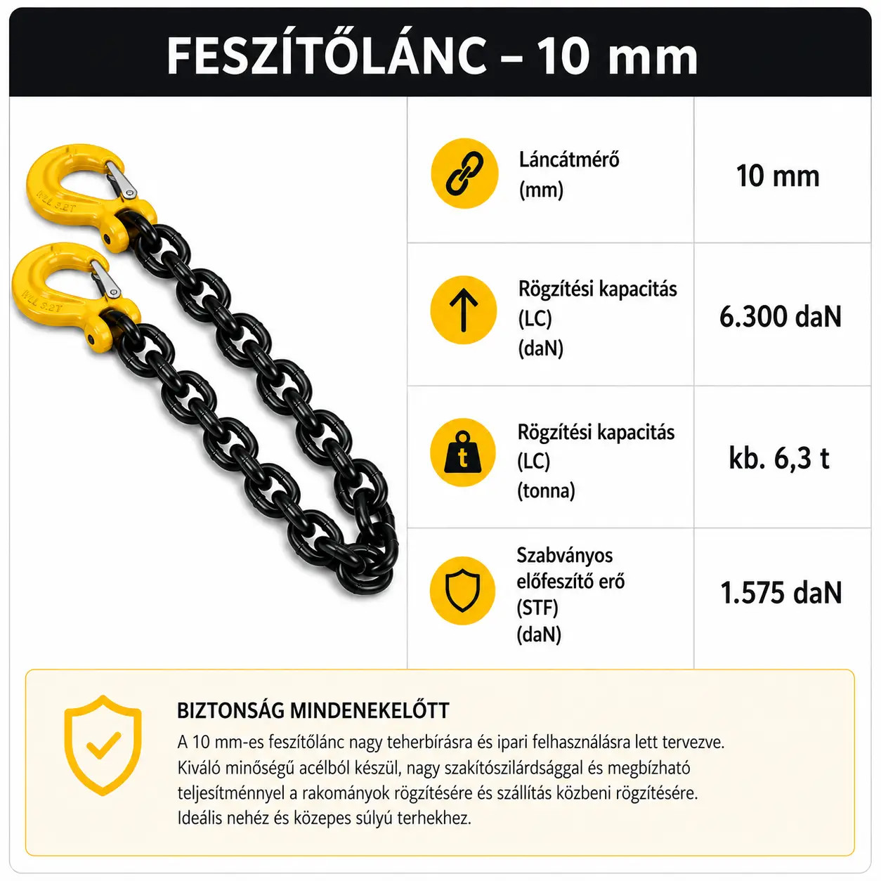 Feszítőlánc 10 mm műszaki adatok