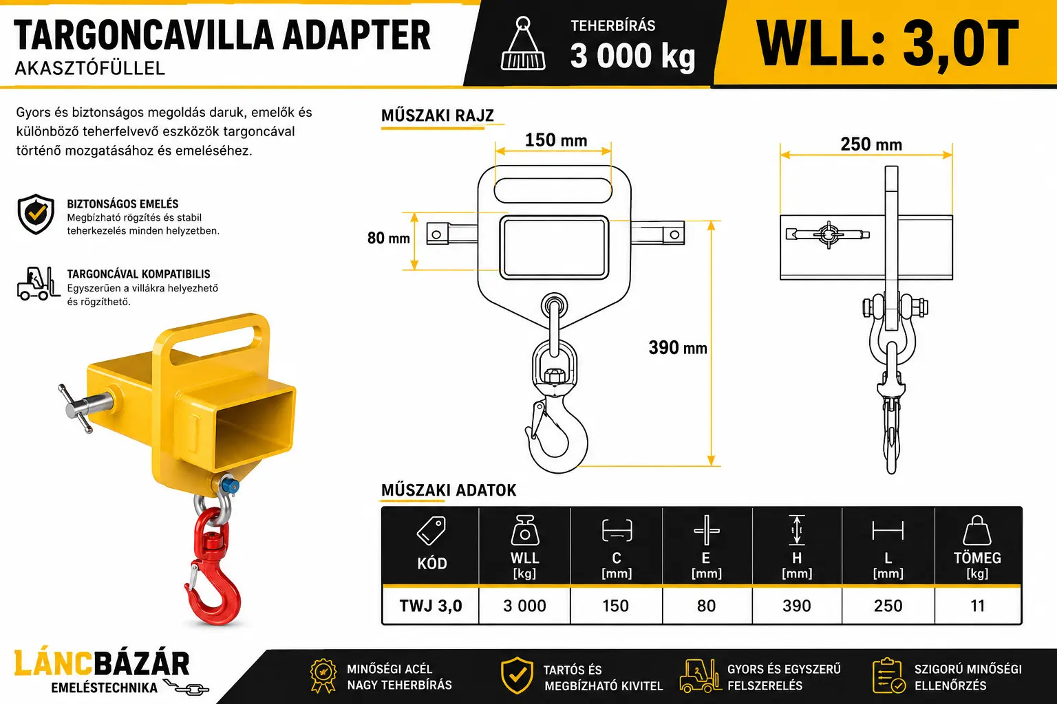 targoncavilla adapter szimpla WLL: 3t méretei