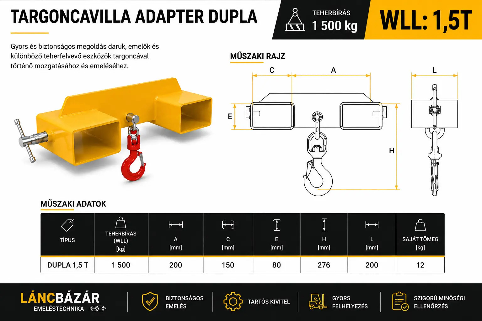 targoncavilla adapter dupla WLL: 1,5t méretei