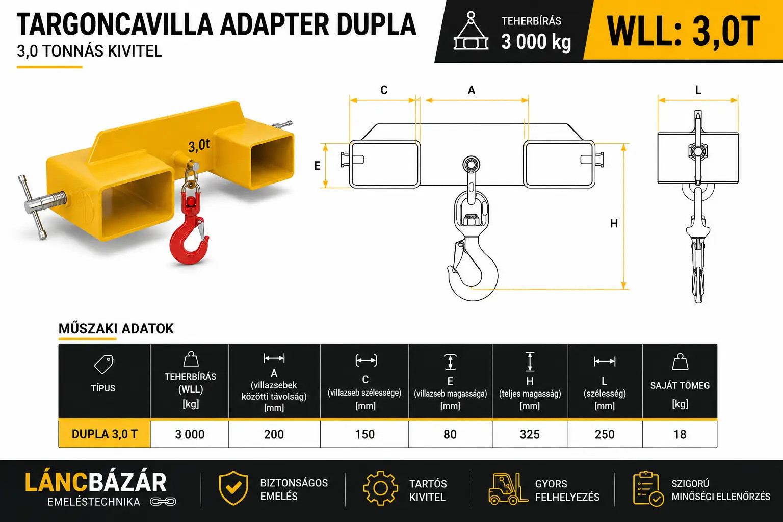 targoncavilla adapter dupla WLL: 3t méretei