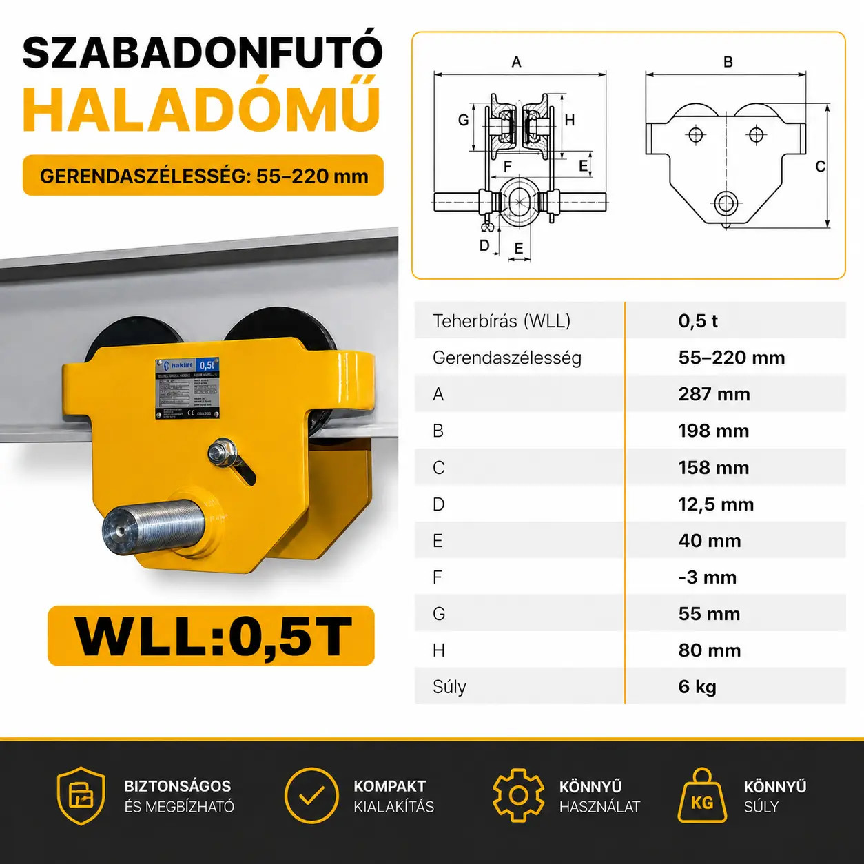 haladómű szabadonfutó 0,5t méretei