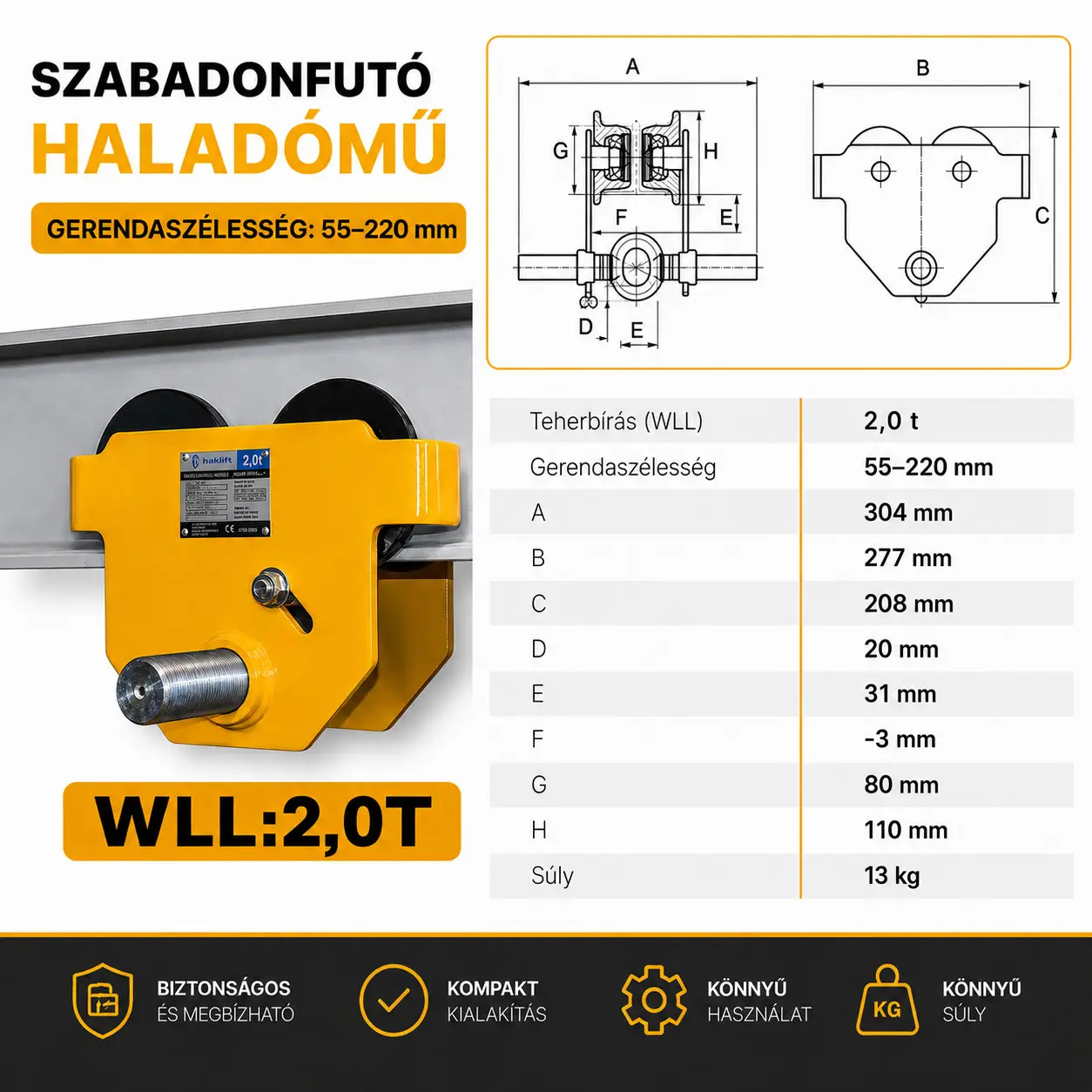 haladómű szabadonfutó 2t méretei