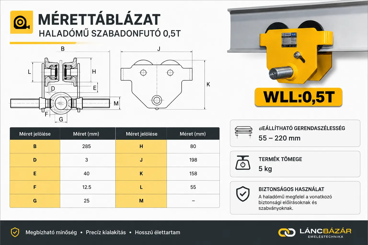 haladómű szabadonfutó 0,5t méretei