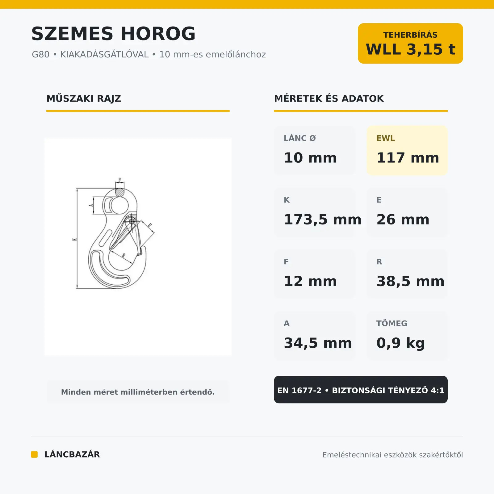 szemes horog 3,15t méretei