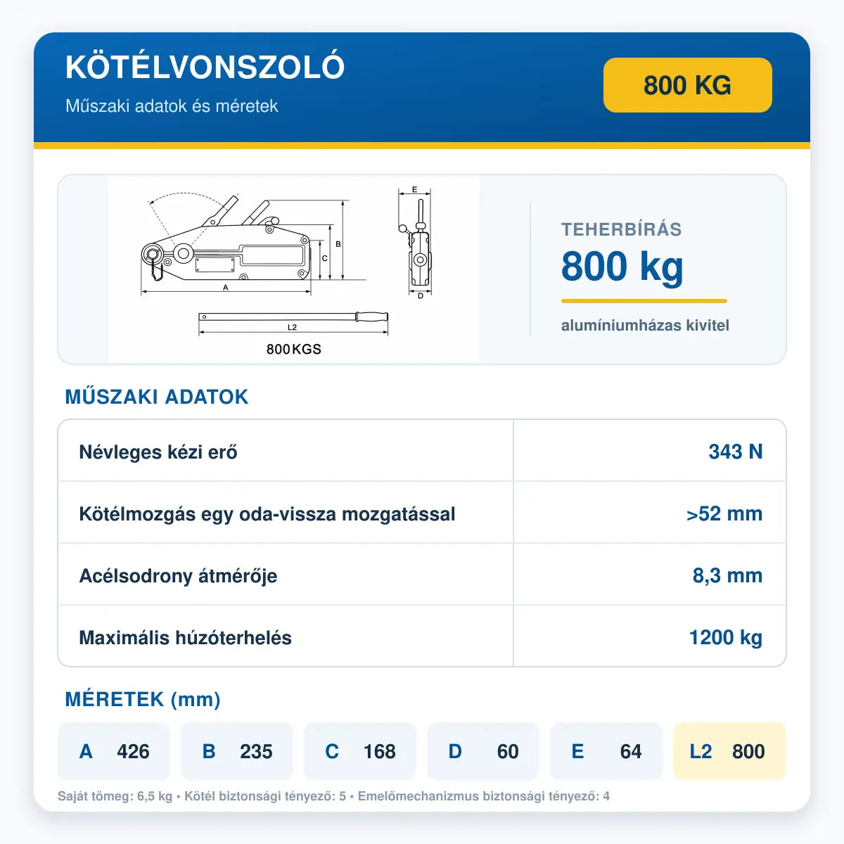 kötélvonszoló 0,8t mérettáblázat és műszaki adatok