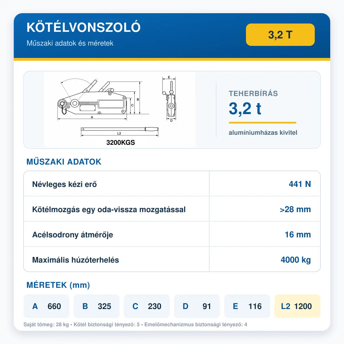 Kötélvonszoló 3,2t mérettáblázat és műszaki adatok