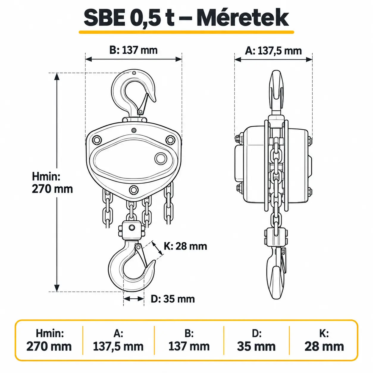kézi láncos emelő 0,5t méretei
