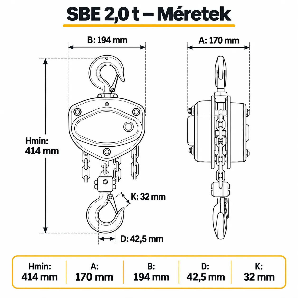 kézi láncos emelő 2t méretei