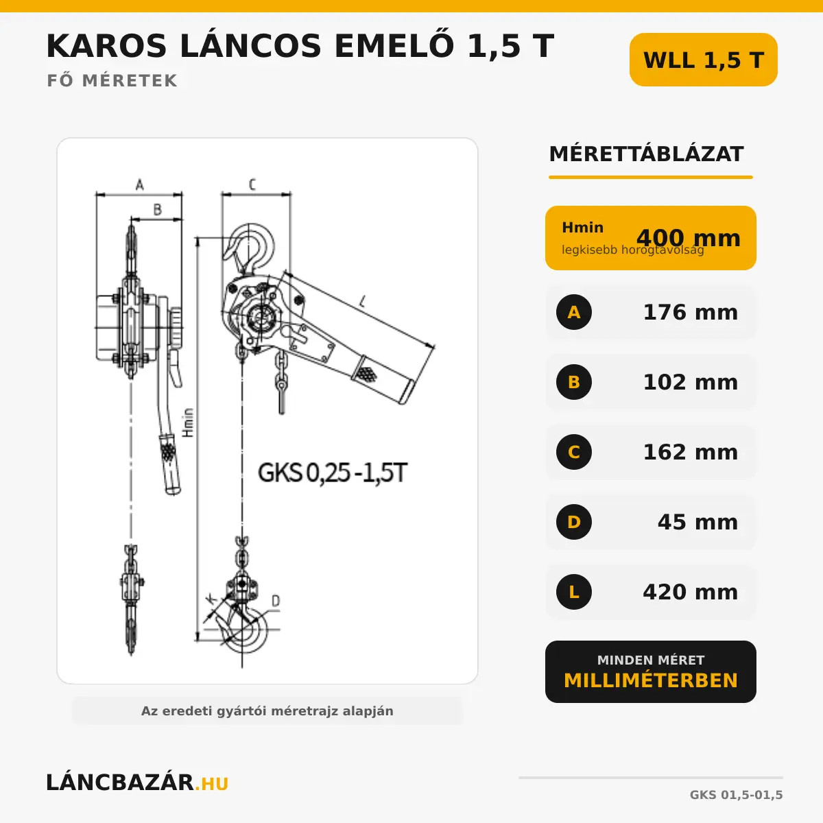 karos láncos emelő 1,5t méretek