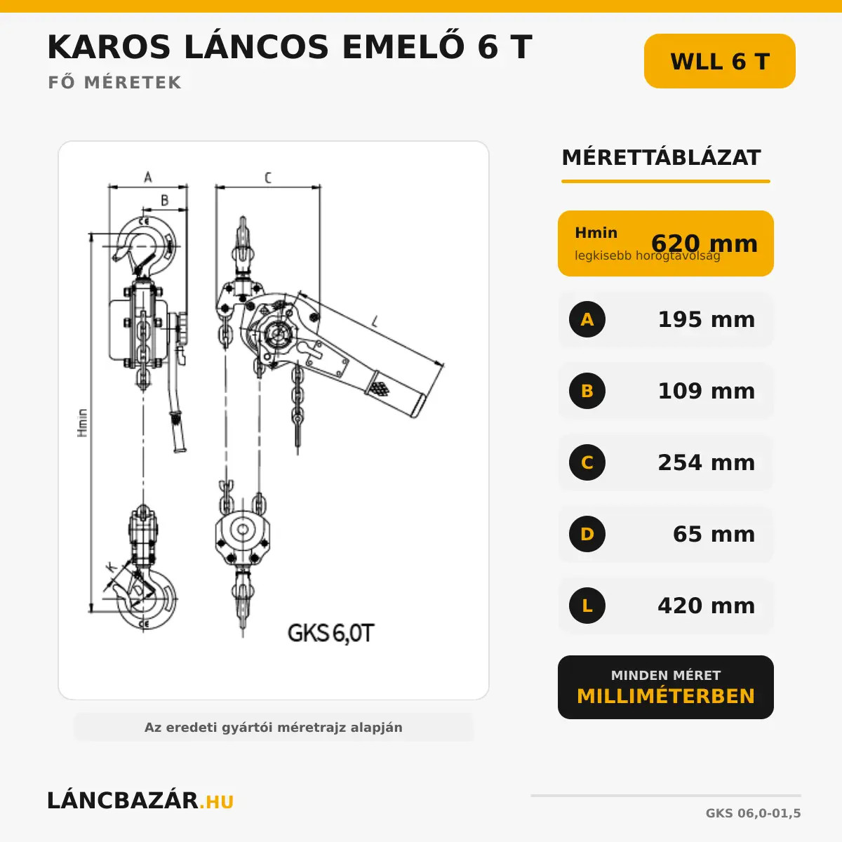 karos láncos emelő 6t méretek